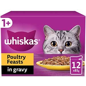 Whiskas Wet 1+ Adult Cat Food Poultry Feasts In Gravy 12X85G Pouches